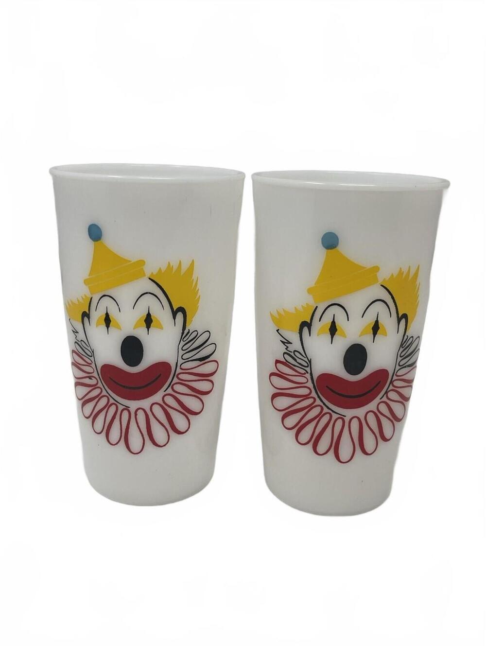 Set of 2 Vintage 1950s Hazel Atlas Milk Glass Clown Tumblers